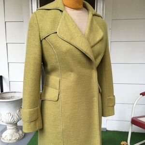 Handmade vintage green wool blend lined coat with white piping details. Size S